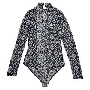 Brat Star Bodysuit Womens XS Blue Aztec Sheer Mesh Long Sleeve Mock Neck Keyhole